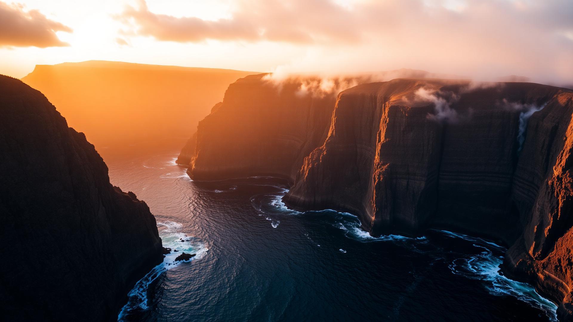 Falésias de basalto da costa da Madeira ao pôr-do-sol